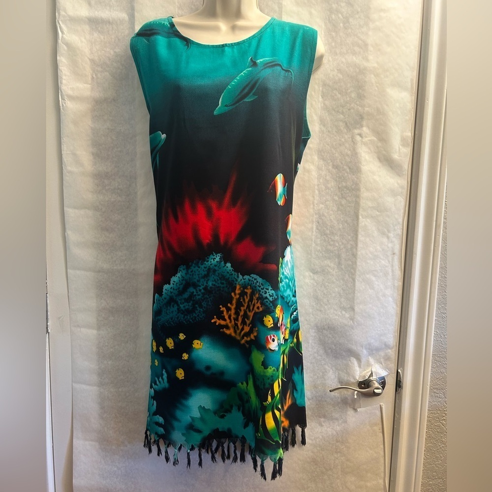 Vibrant Ocean-Themed Sleeveless Island Barrier Reef Dress Sz-L. ‎ AA10